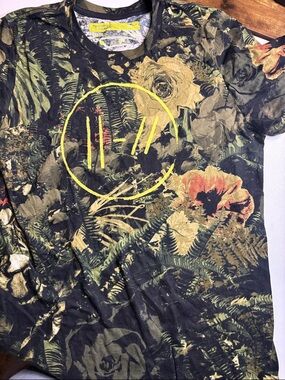 Graphic Floral Short Sleeve Tee with Yellow Smiley Accent